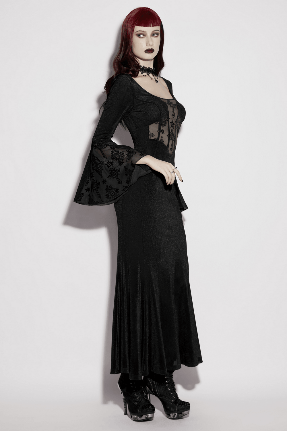 Black Gothic Cross Mesh Fishtail Maxi Dress Gown