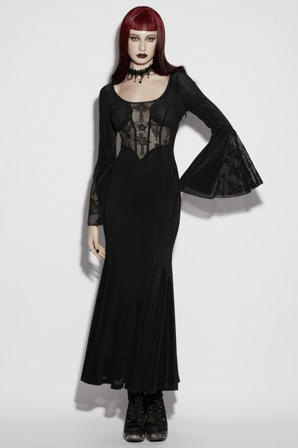Black Gothic Cross Mesh Fishtail Maxi Dress Gown
