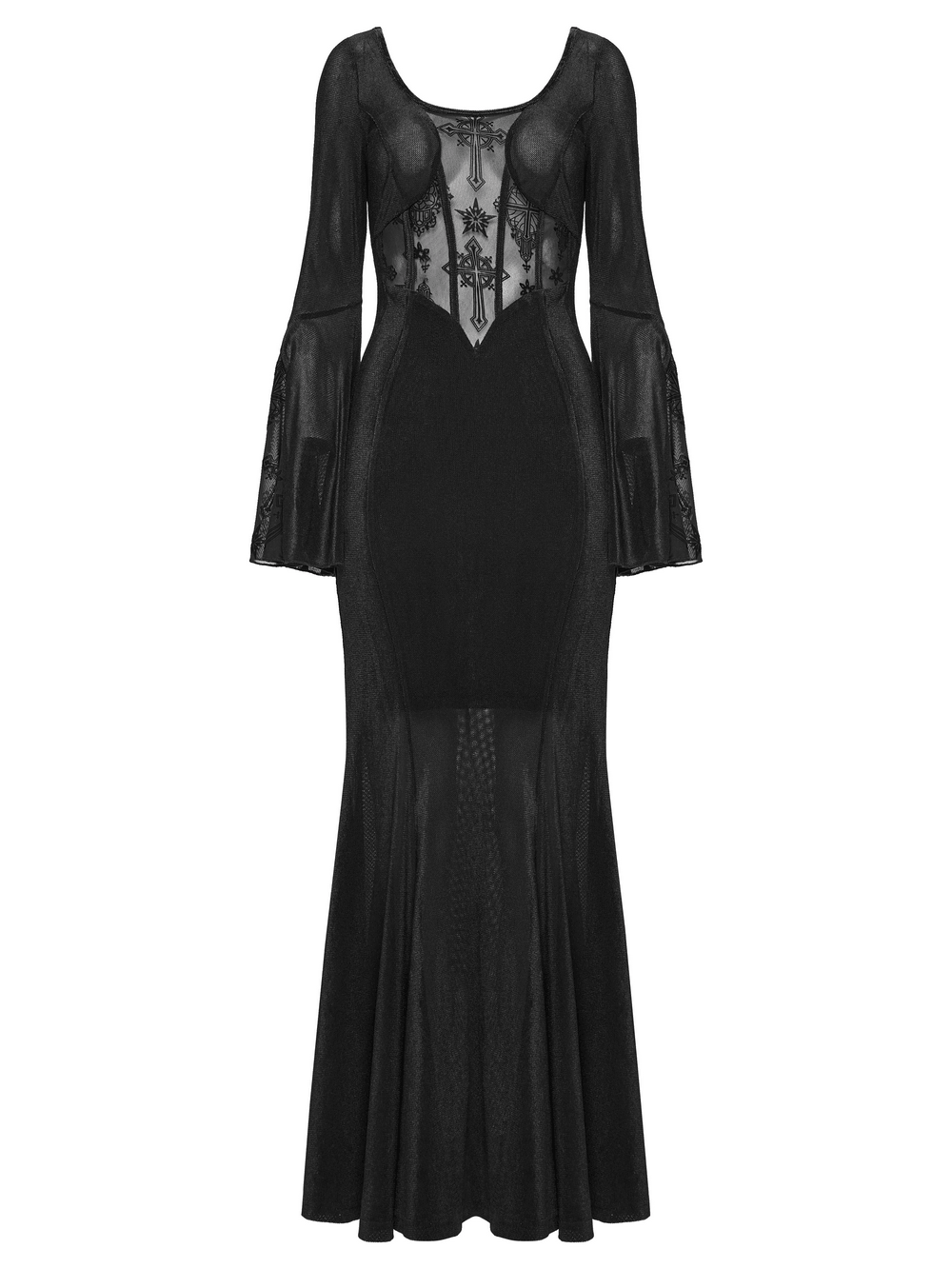 Black Gothic Cross Mesh Fishtail Maxi Dress Gown