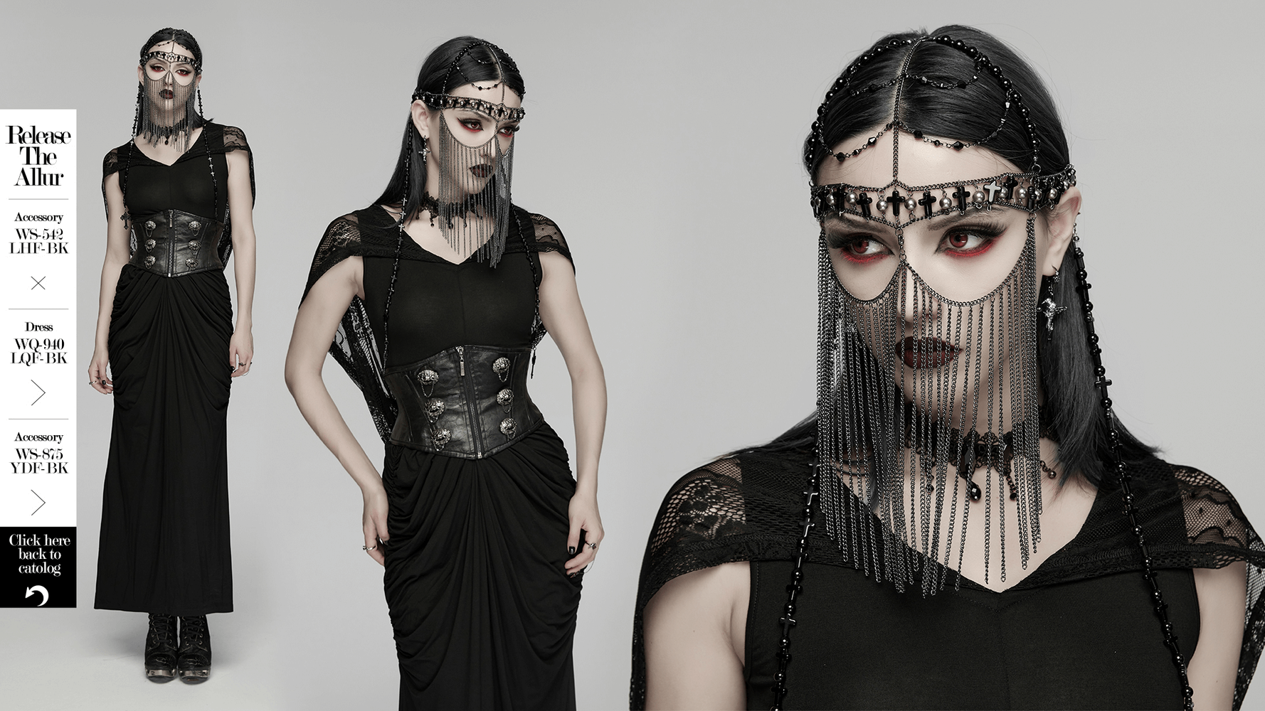 Alt Tag: Black Gothic Cross Tassel Chain Headpiece and Face Veil on model with detachable chain face veil, cross charms, tassel mask vibe