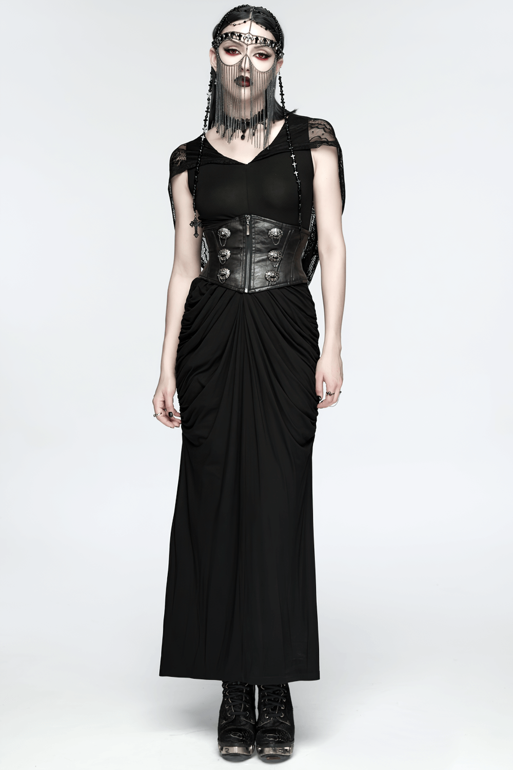 Alt Tag: Black Gothic Cross Tassel Chain Headpiece and Face Veil worn with long black dress, chain face veil and tassel cross charms