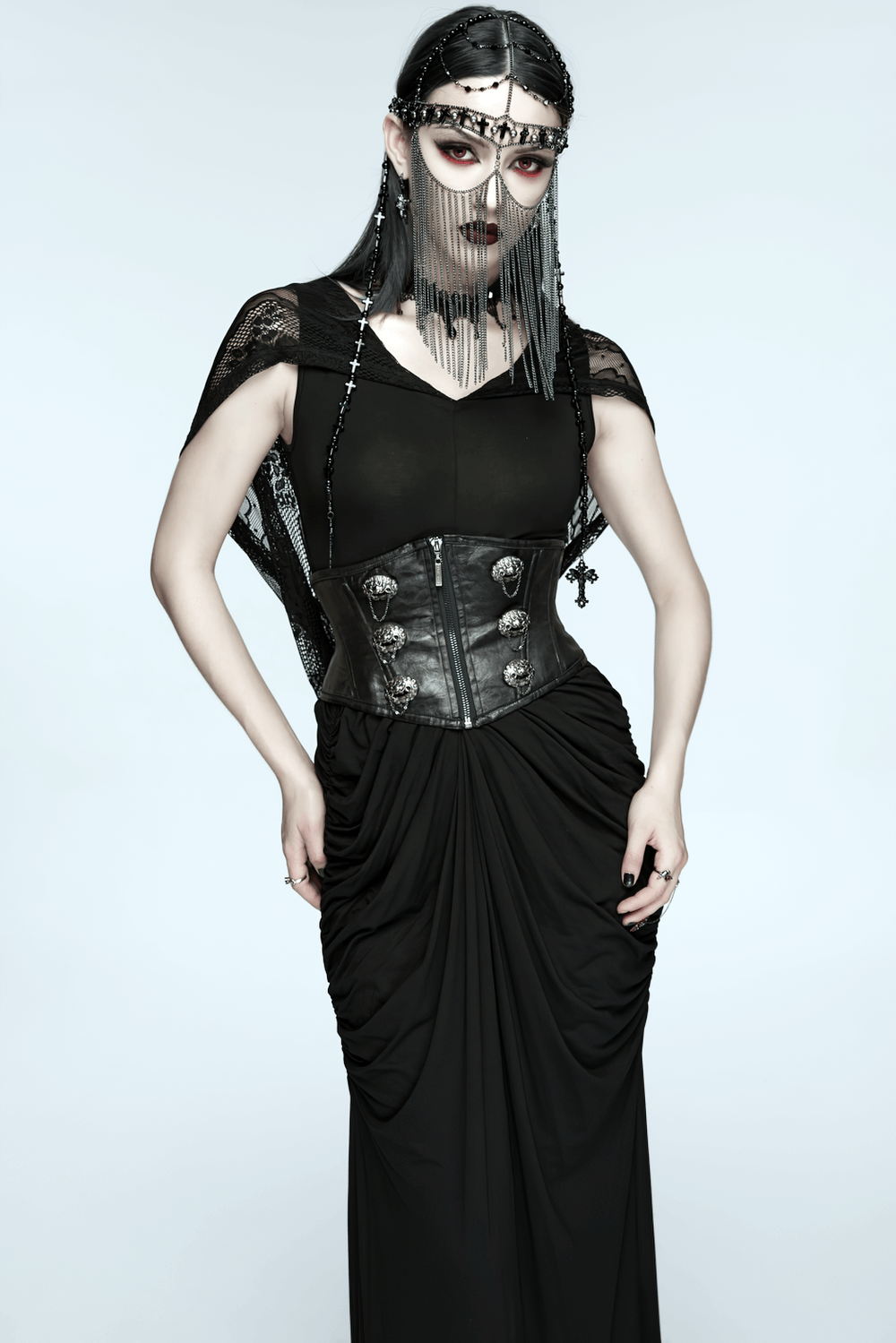 Black Gothic Cross Tassel Chain Headpiece and Face Veil on model, detachable chain face veil with cross charms and tassel mask