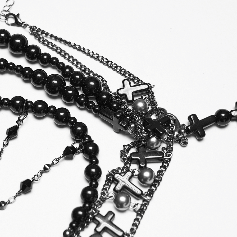 Alt Tag: Black Gothic Cross Tassel Chain Headpiece and Face Veil with black beads, cross charms, and detachable chain face veil detail