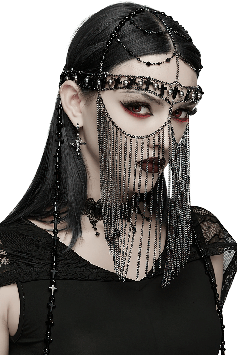 Alt Tag: Black Gothic Cross Tassel Chain Headpiece and Face Veil on model, copper chain face veil with cross charms, porcelain beads, dark priestess vibe