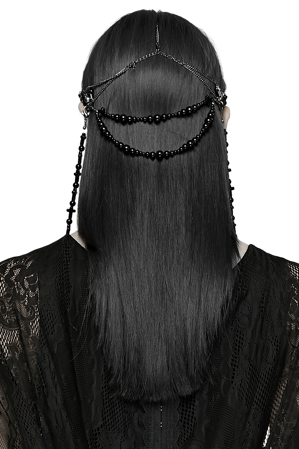 Alt Tag: Black Gothic Cross Tassel Chain Headpiece and Face Veil with detachable chain face veil, cross charms, black beads, dark priestess style