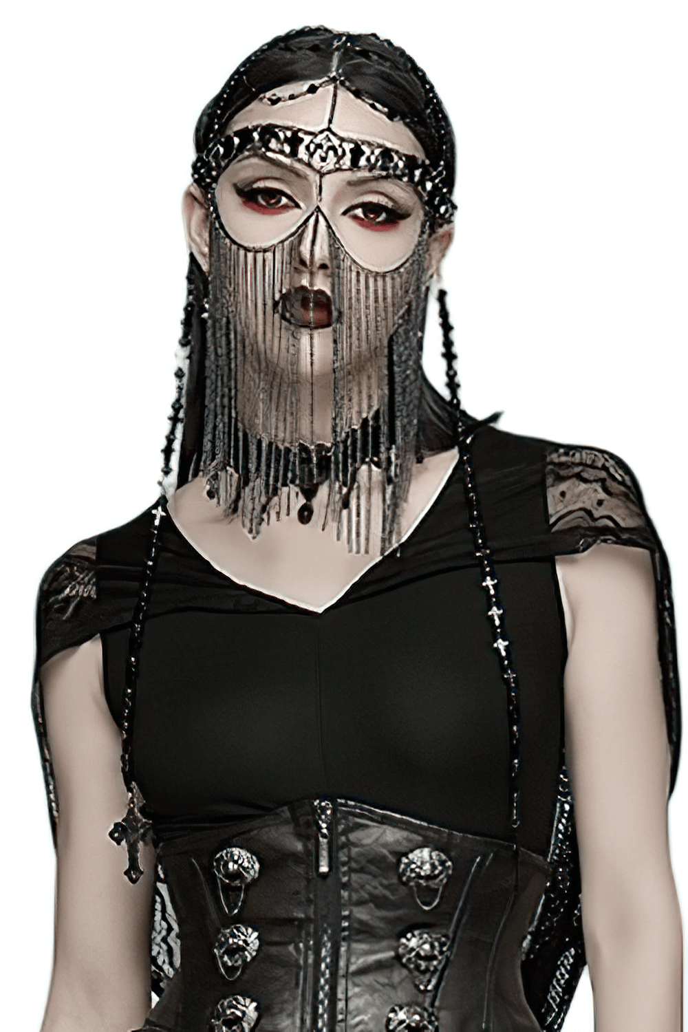 Alt Tag: Black Gothic Cross Tassel Chain Headpiece and Face Veil on goth model, detachable chain face veil with cross charms