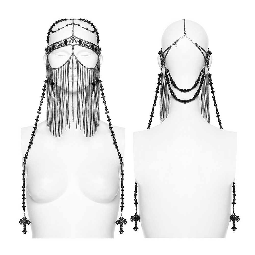 Alt Tag: Black Gothic Cross Tassel Chain Headpiece and Face Veil, black bead chain mask veil with cross charms, front and back view