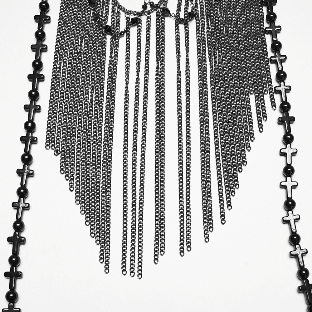 Alt Tag: Black Gothic Cross Tassel Chain Headpiece and Face Veil with dangling black chain fringe and cross charm side strands
