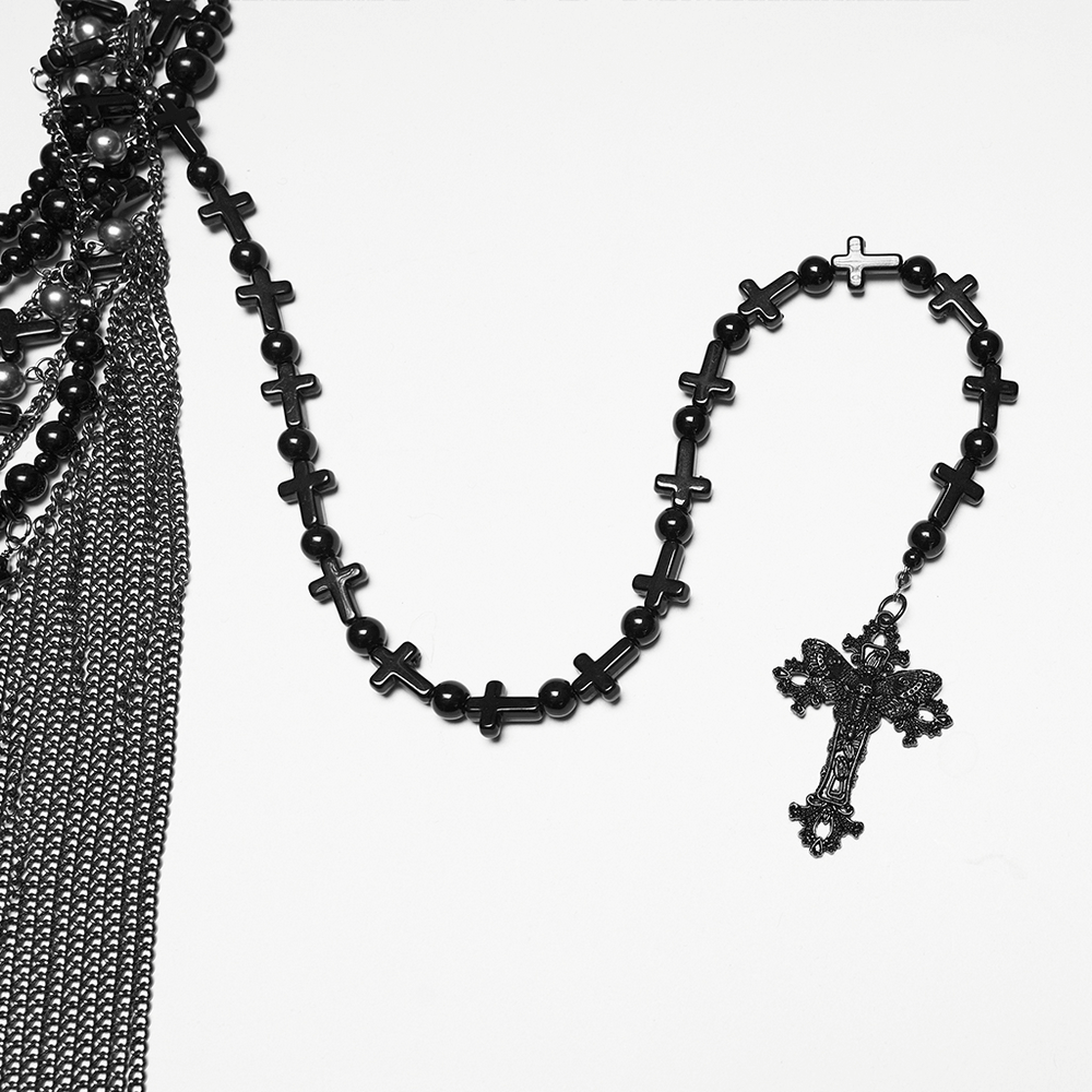 Alt Tag: Black Gothic Cross Tassel Chain Headpiece and Face Veil with black cross-bead chain and ornate cross charm, detachable face veil detail