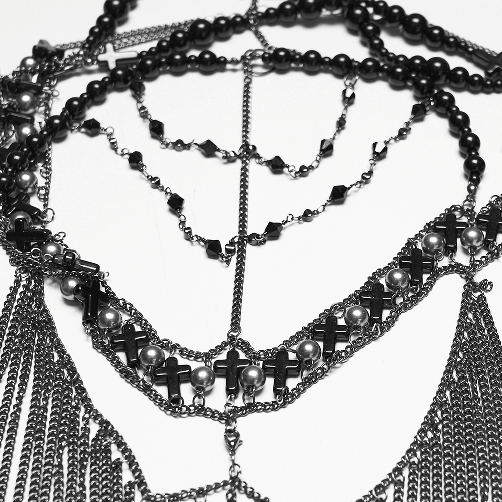 Alt Tag: Black Gothic Cross Tassel Chain Headpiece and Face Veil with copper chain frame, cross charms, porcelain beads, detachable tassel mask
