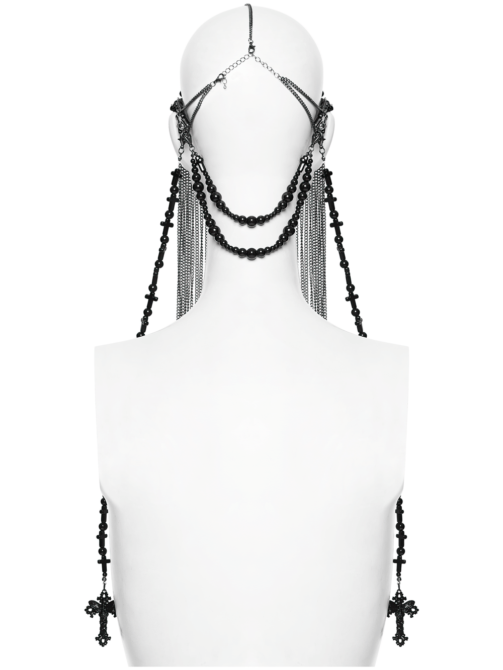 Alt Tag: Black Gothic Cross Tassel Chain Headpiece and Face Veil with detachable chain face veil, cross charms and bead tassels