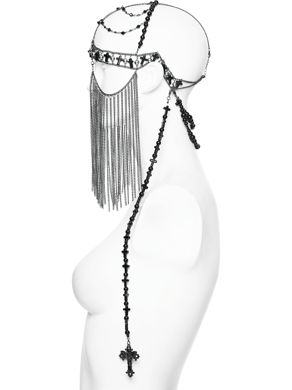 Alt Tag: Black Gothic Cross Tassel Chain Headpiece and Face Veil on mannequin, detachable chain face veil with cross charms and tassels
