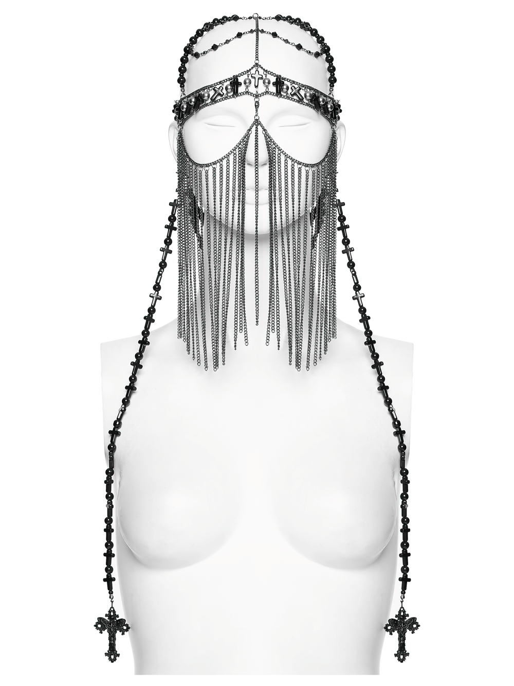Alt Tag: Black Gothic Cross Tassel Chain Headpiece and Face Veil with detachable chain face veil, cross charms, tassel mask, priestess vibe
