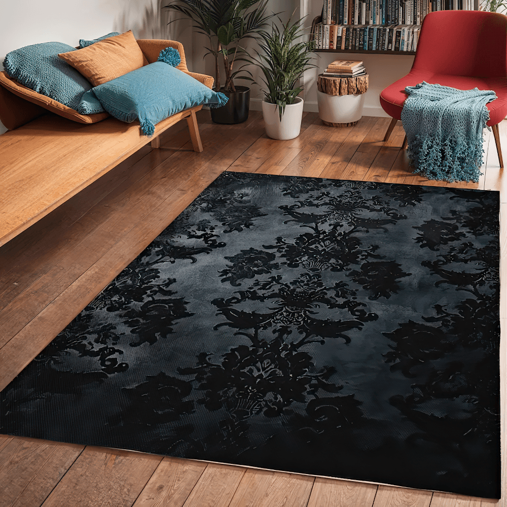 Black Gothic Damask Area Rug for Dark Home Decor