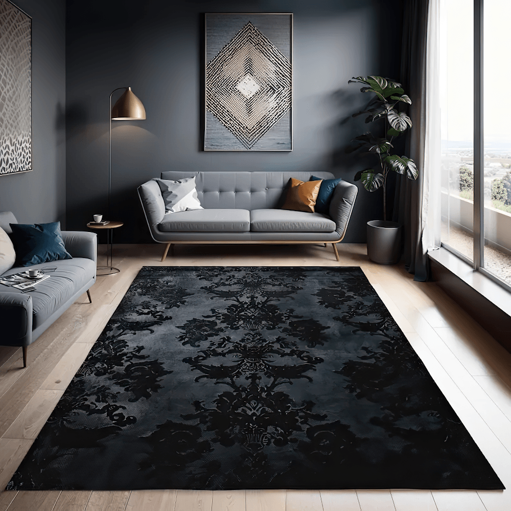 Black Gothic Damask Area Rug for Dark Home Decor