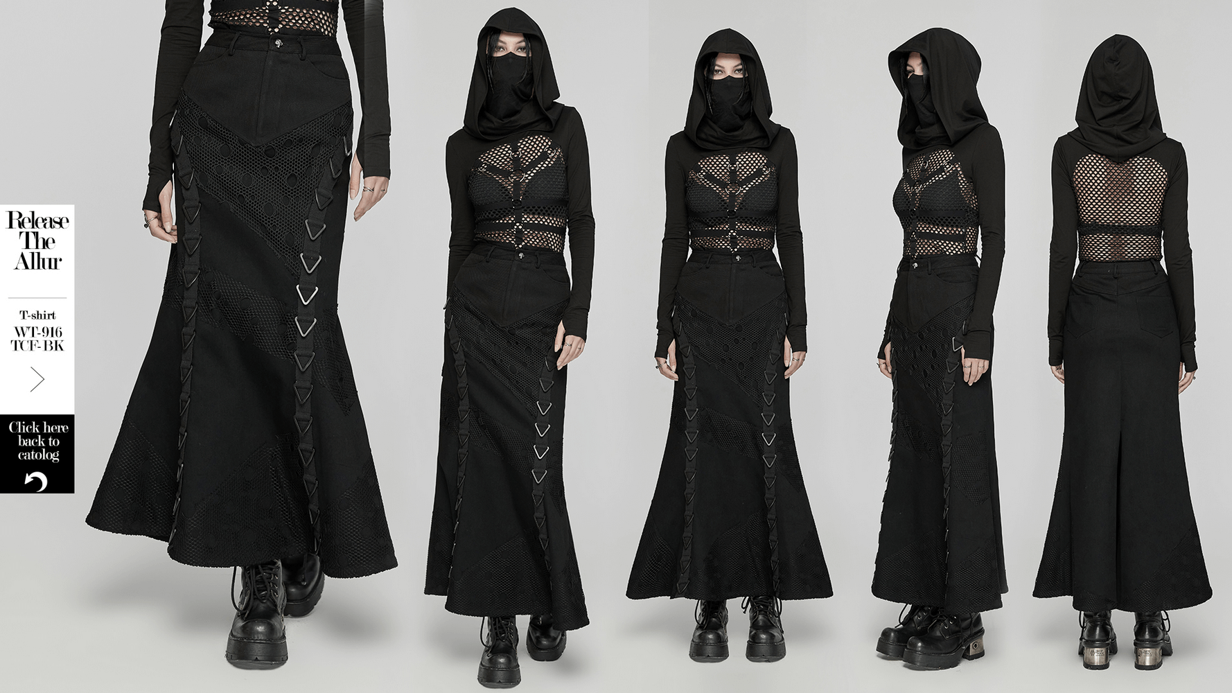 Black gothic denim mesh skirt with triangular buckles and unique perforated design for a bold punk look.