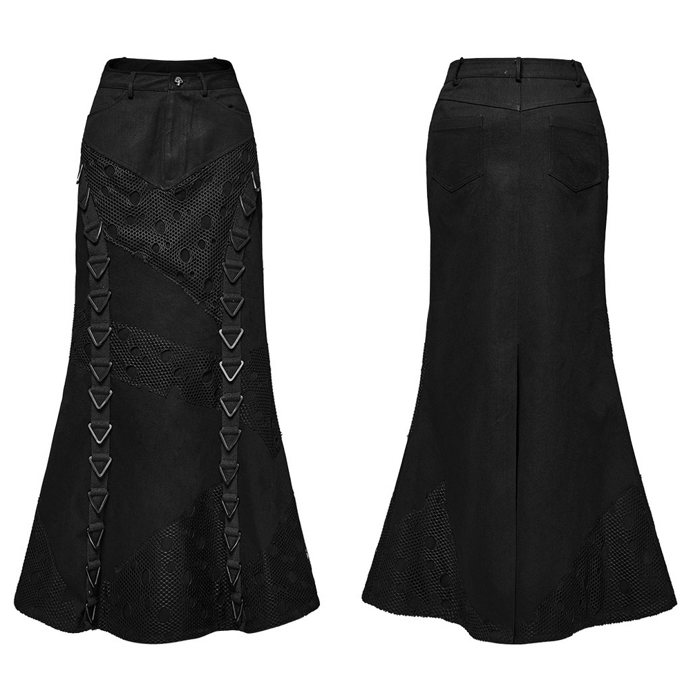 Black Gothic denim mesh skirt featuring triangular buckles and eye-catching perforated design.