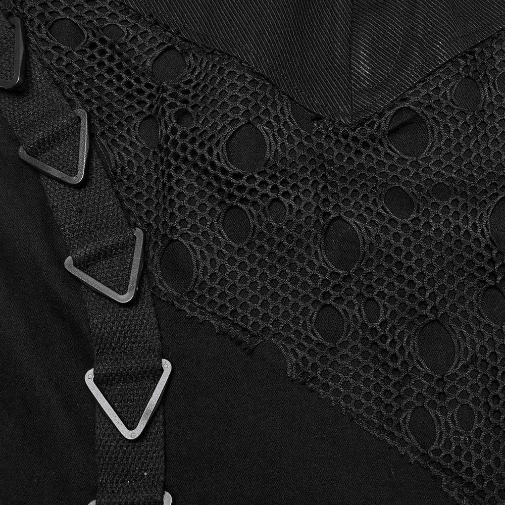 Close-up of black gothic denim skirt featuring triangular buckles and perforated mesh panels.