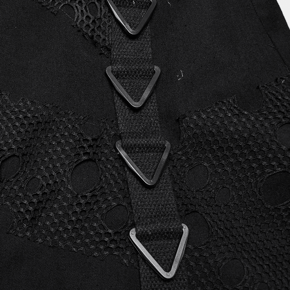 Close-up of black gothic denim mesh skirt showcasing triangular buckle accents and perforated mesh details.