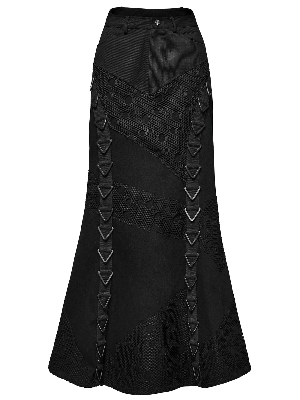 Black gothic denim mesh skirt featuring triangular buckles and unique perforated design, perfect for a punk goth style.