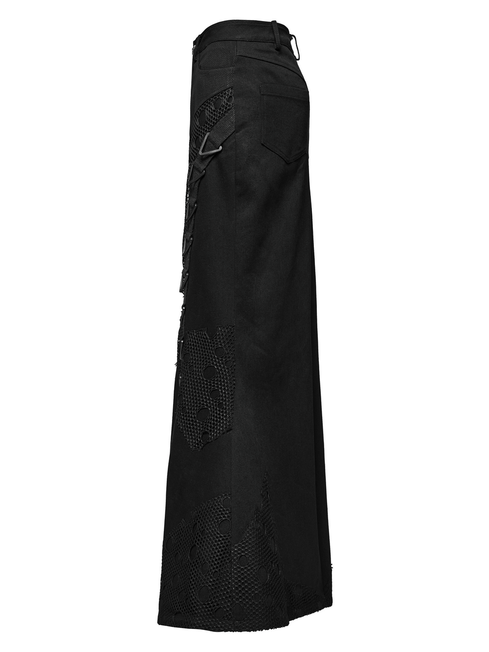 Side view of black gothic denim mesh skirt with triangular buckles and unique perforated panels.