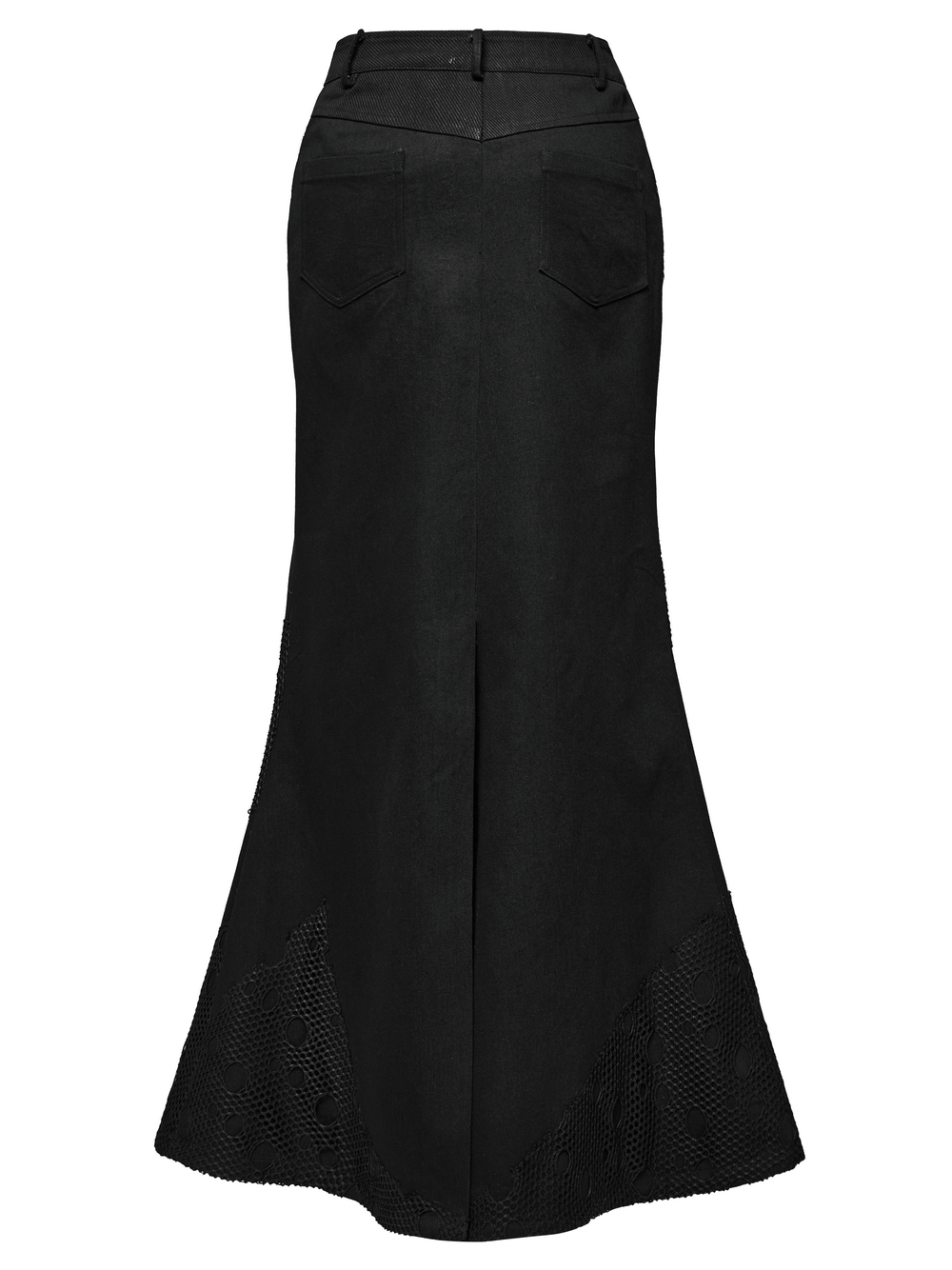 Back view of a black gothic denim mesh skirt with triangular buckles and irregular perforated mesh panels.