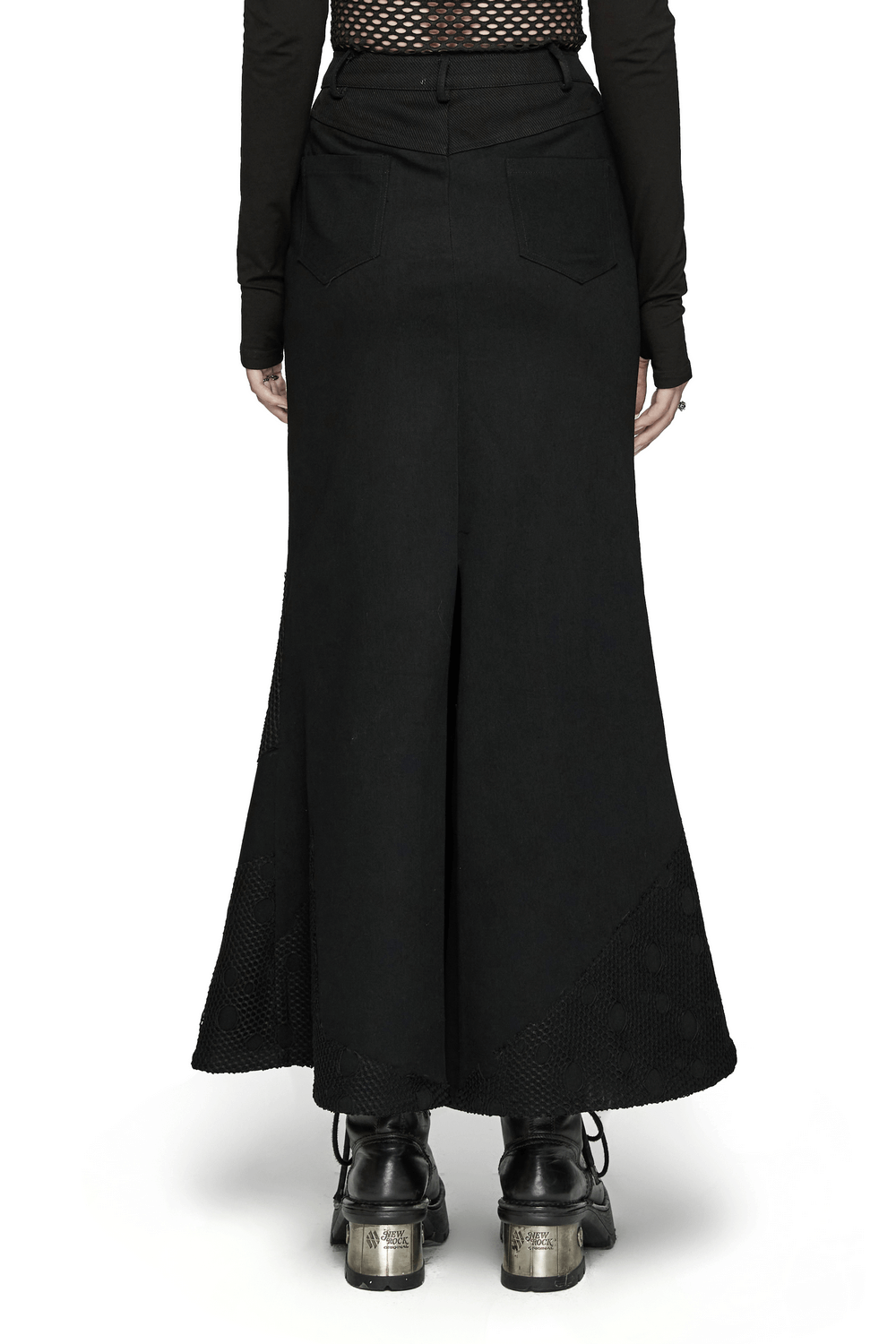 Back view of black gothic denim mesh skirt with triangular buckles and stylish boots, perfect for a punk goth look.