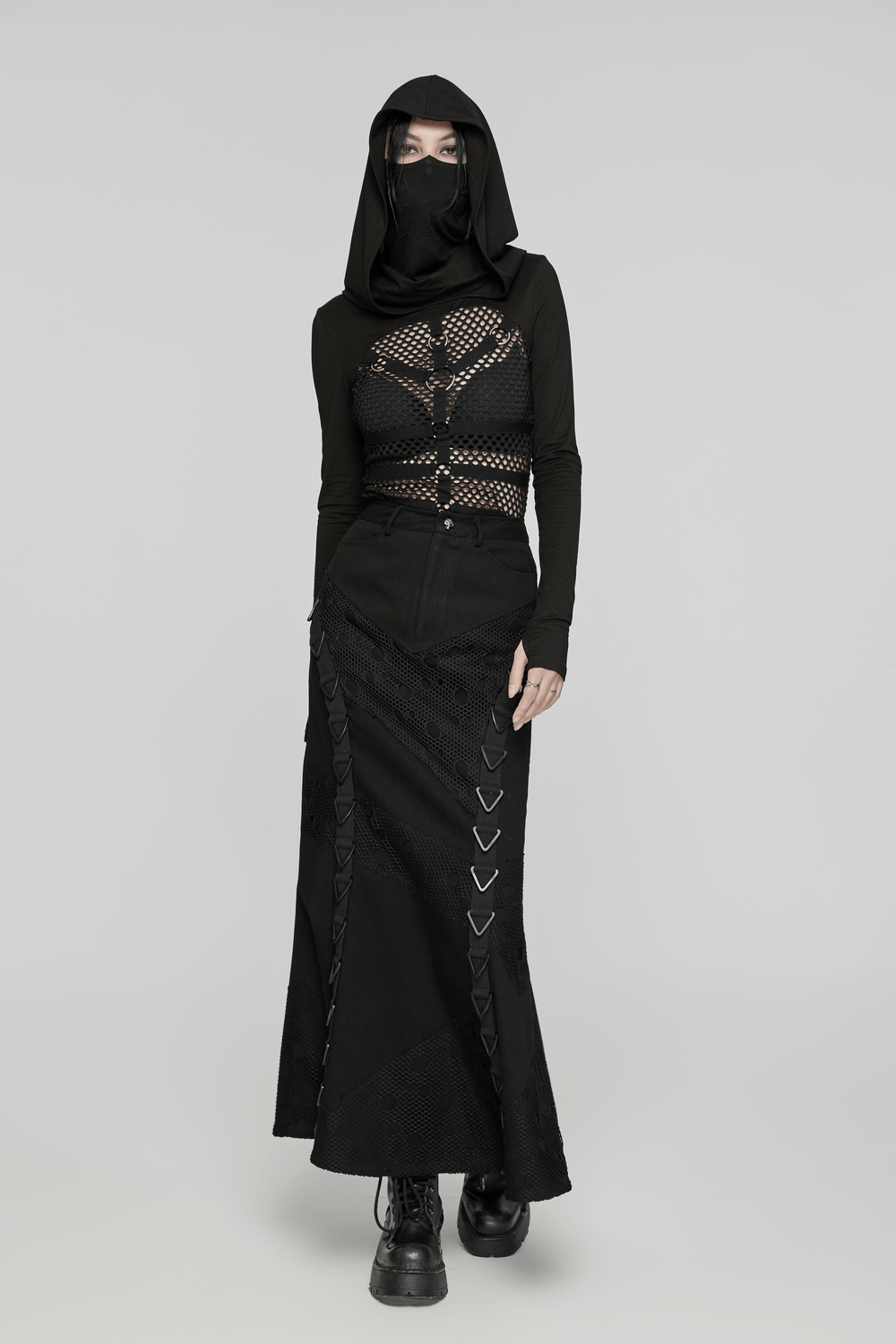 Black gothic denim mesh skirt with triangular buckles and punk accents, paired with a stylish mesh top and hood.