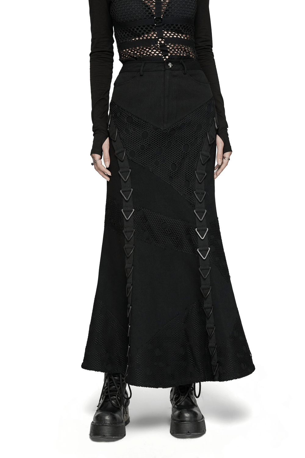 Black Gothic denim mesh skirt with triangular buckles and irregular mesh splicing, perfect for a punk goth look.