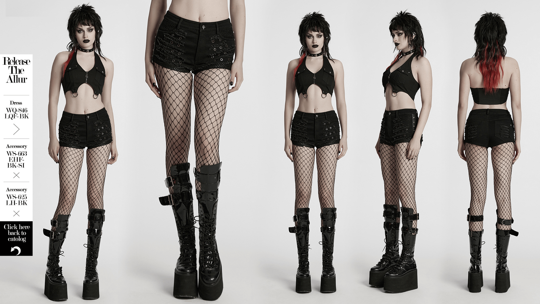 Black gothic distressed denim shorts with eyelets, styled with fishnet tights and platform boots for a fierce look.