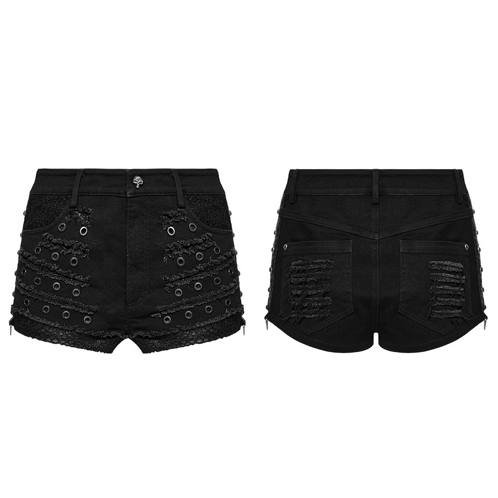Stylish black gothic distressed denim shorts featuring eyelets and unique rips for an edgy look.