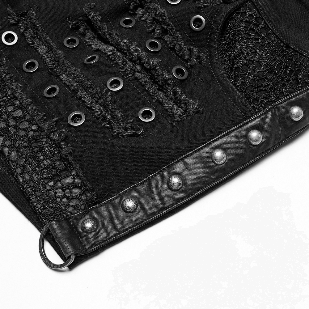 Black gothic distressed denim shorts featuring eyelets and edgy lace detailing for a punk style.