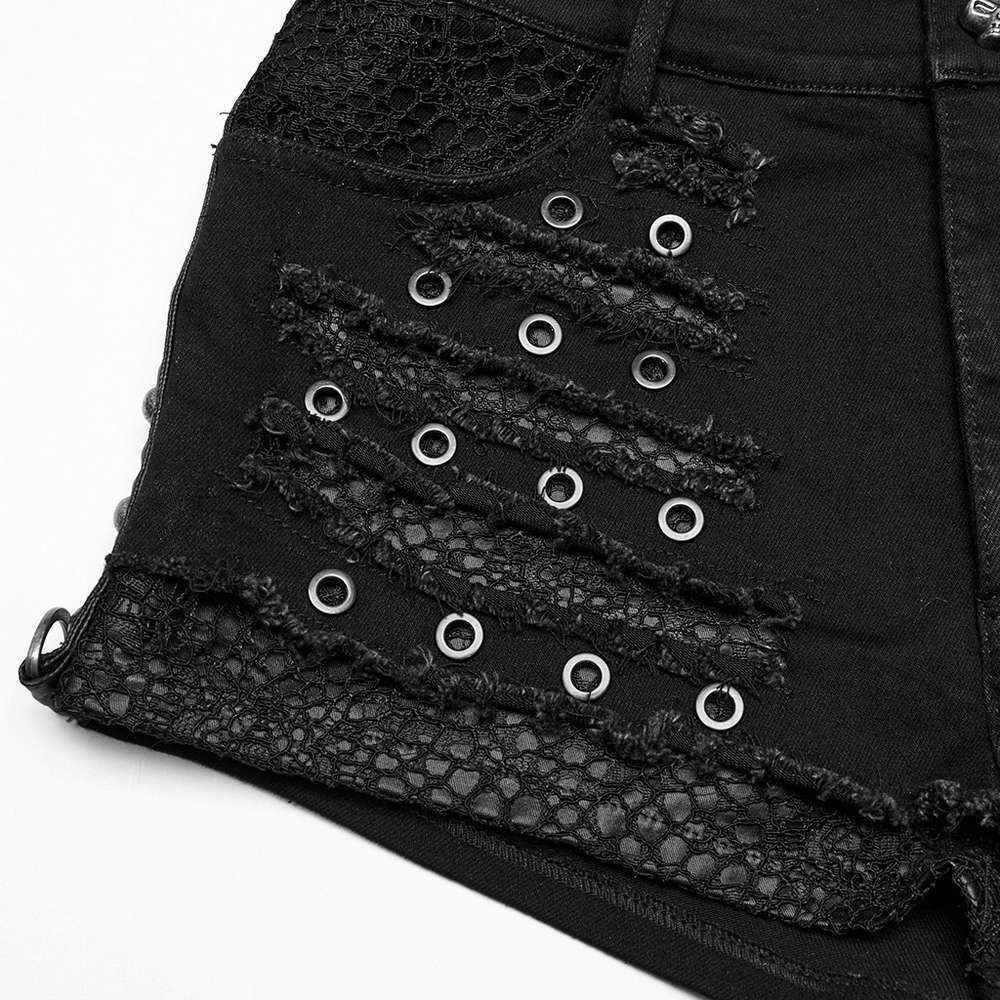 Black Gothic distressed denim shorts featuring eyelets and lace detailing for a punk rock flair.