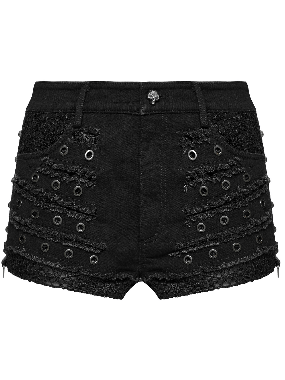 Black gothic distressed denim shorts featuring eyelets and lace detailing for a stylish edgy look.