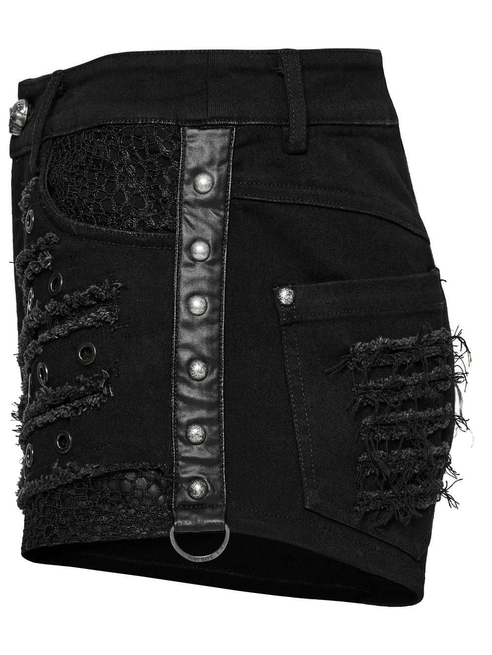 Black gothic distressed denim shorts with eyelets and unique detailing for a trendy, edgy look.