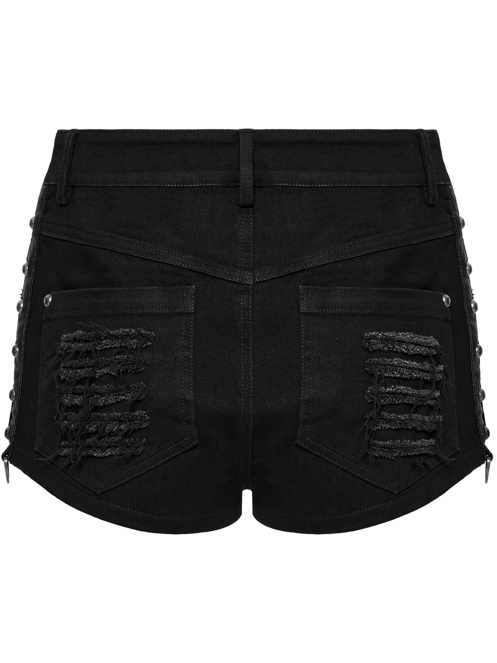 Black gothic distressed denim shorts featuring eyelet details and frayed back pockets.