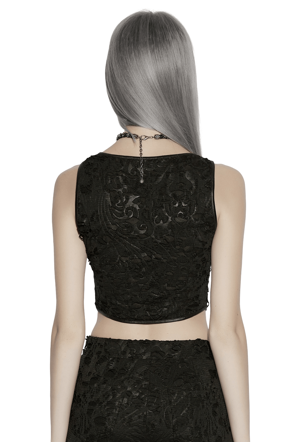 Alt Tag: Black Gothic Distressed Jacquard Hook Front Vest back view, black jacquard gothic vest top with textured distressed pattern