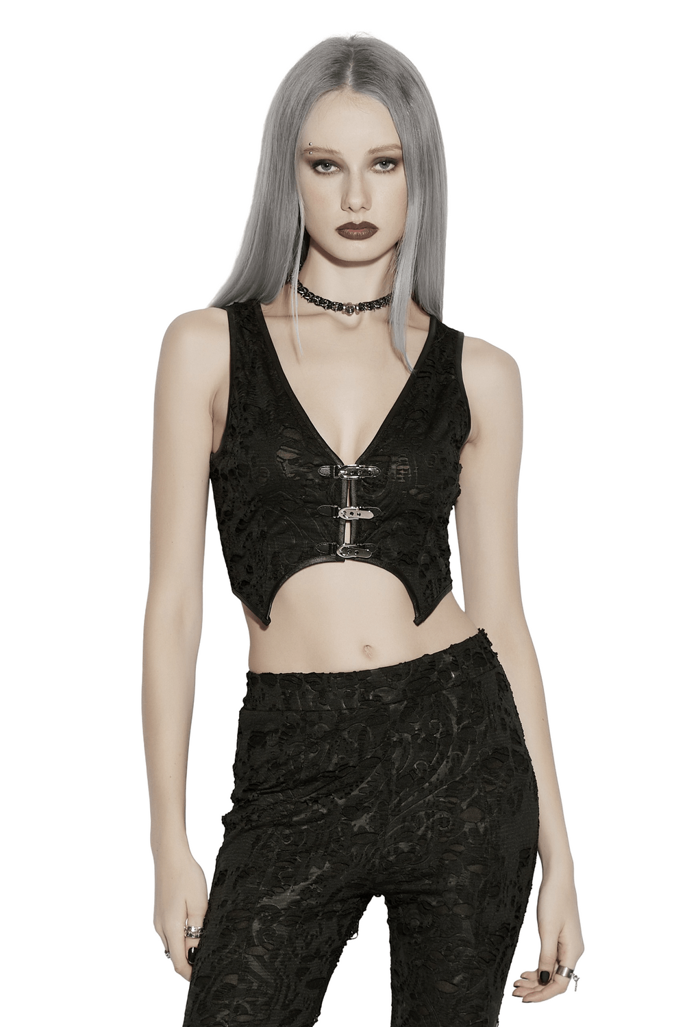 Alt Tag: Black Gothic Distressed Jacquard Hook Front Vest on model, cropped sleeveless jacquard vest with front hook closures