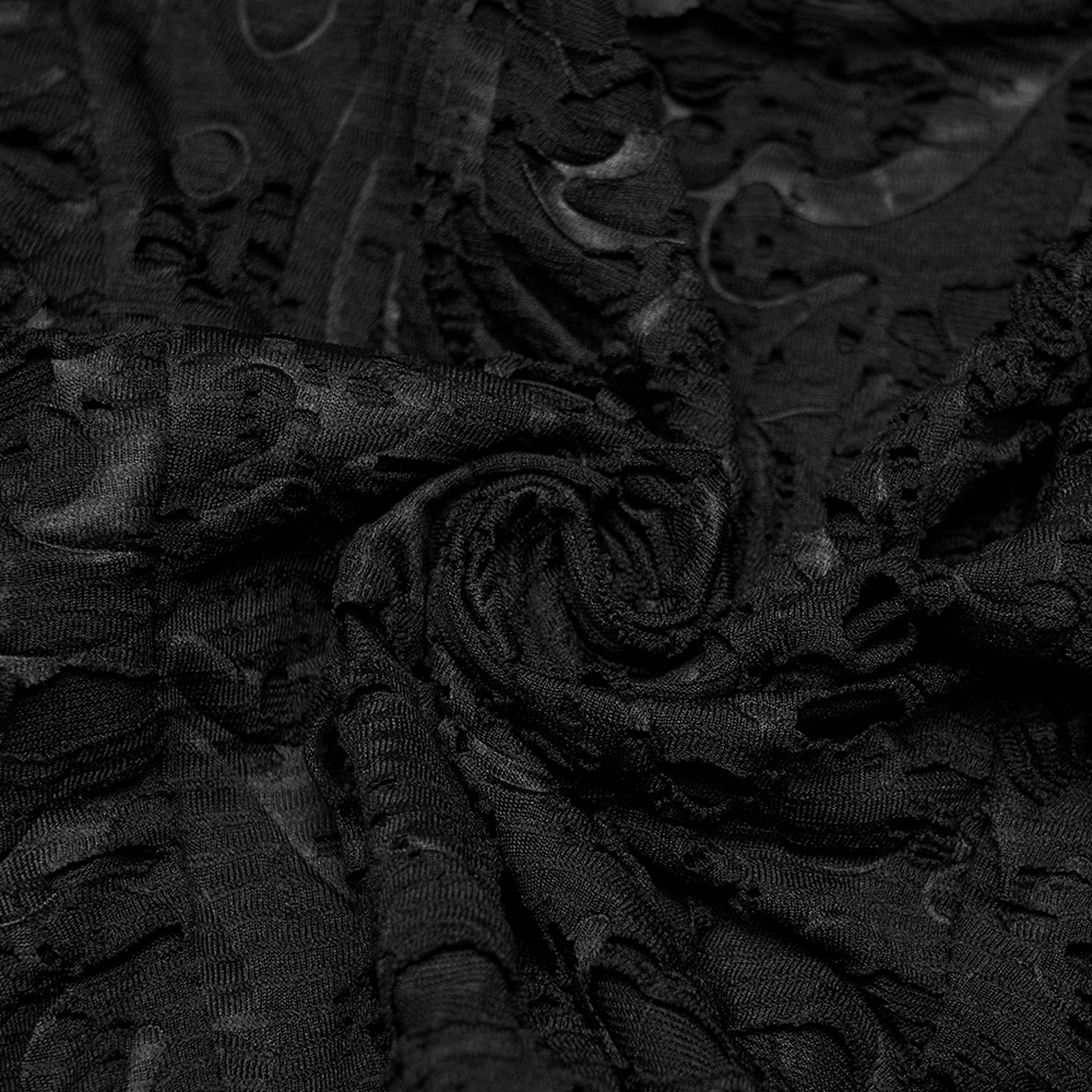 Alt Tag: Black Gothic Distressed Jacquard Hook Front Vest close-up of black distressed jacquard fabric texture with gothic floral pattern