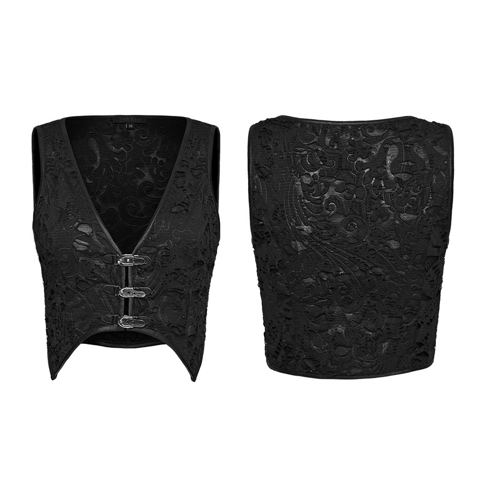 Alt Tag: Black Gothic Distressed Jacquard Hook Front Vest front and back view, black textured jacquard waistcoat with hook closures