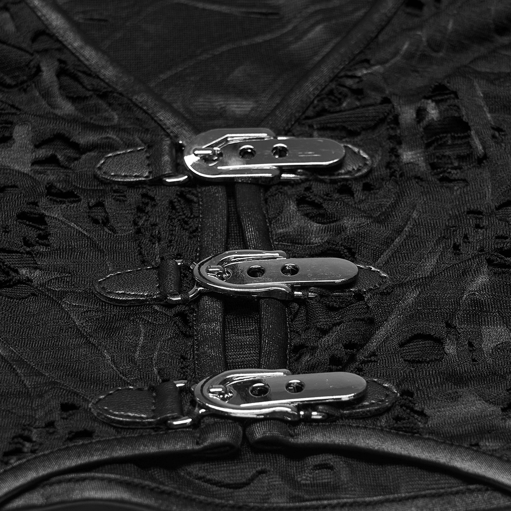 Alt Tag: Black Gothic Distressed Jacquard Hook Front Vest close-up of metal hook closures on black distressed jacquard fabric