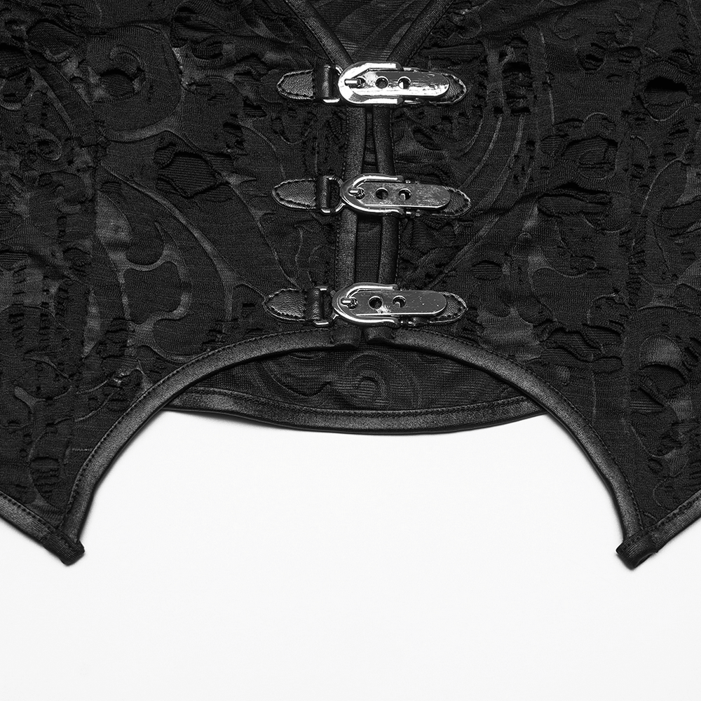 Alt Tag: Black Gothic Distressed Jacquard Hook Front Vest close-up showing textured black jacquard fabric and triple hook front closures