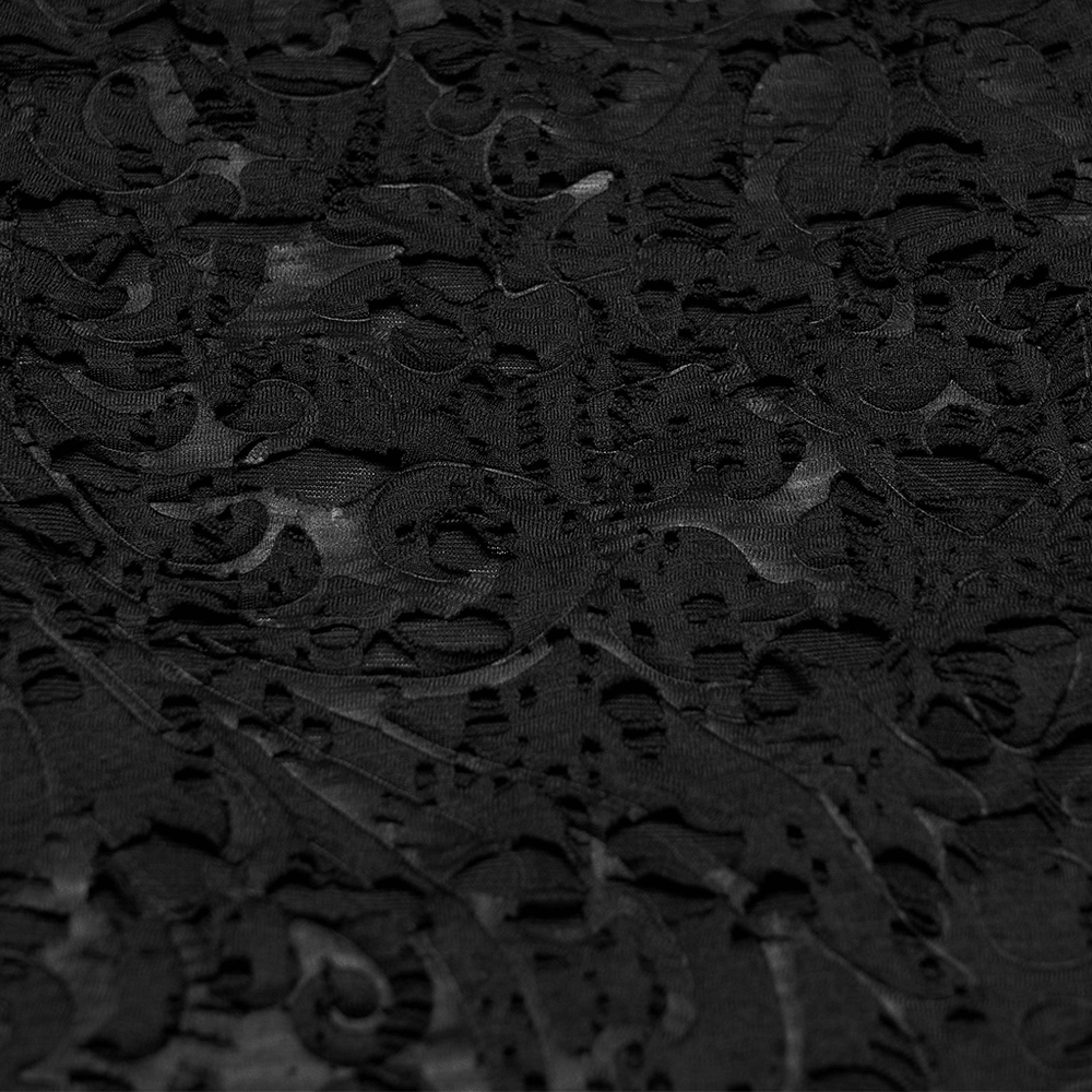 Alt Tag: Black Gothic Distressed Jacquard Hook Front Vest close-up of distressed black jacquard fabric texture with gothic pattern