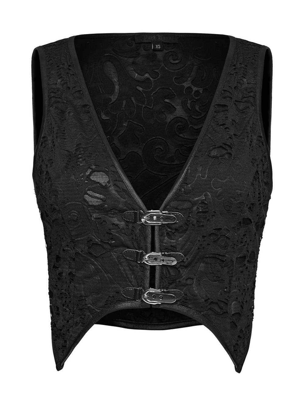 Alt Tag: Black Gothic Distressed Jacquard Hook Front Vest in black with distressed jacquard texture and three hook closures, front view