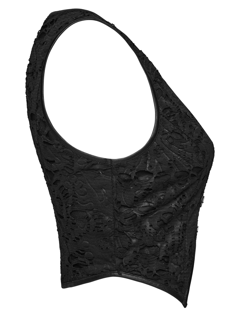 Alt Tag: Black Gothic Distressed Jacquard Hook Front Vest black distressed jacquard vest with hook-front, sleeveless gothic style