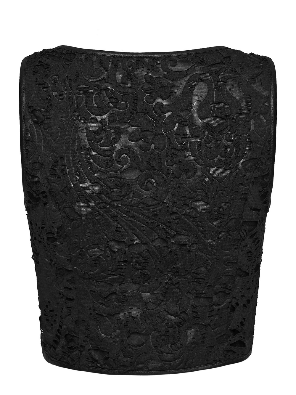 Alt Tag: Black Gothic Distressed Jacquard Hook Front Vest in black, distressed jacquard texture close-up, goth statement piece