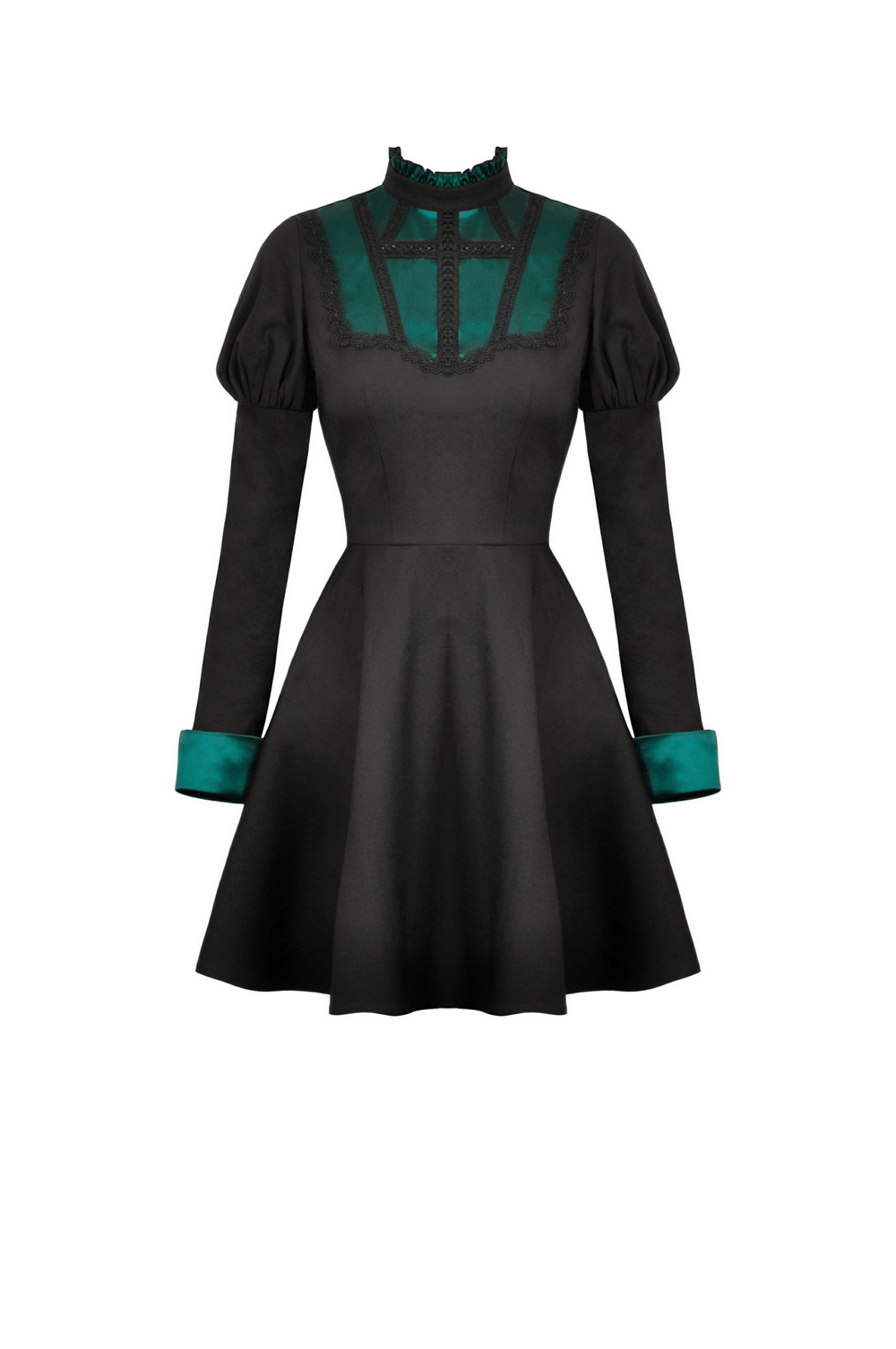 Black Gothic Dress with Emerald Trim and Lace Accents