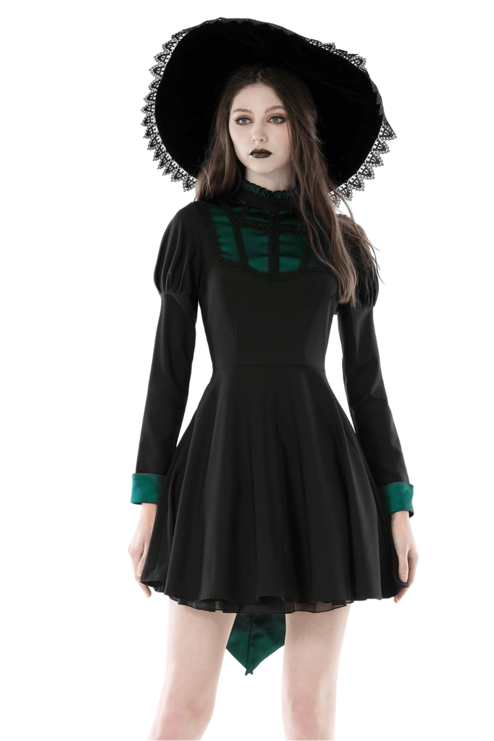 Black Gothic Dress with Emerald Trim and Lace Accents