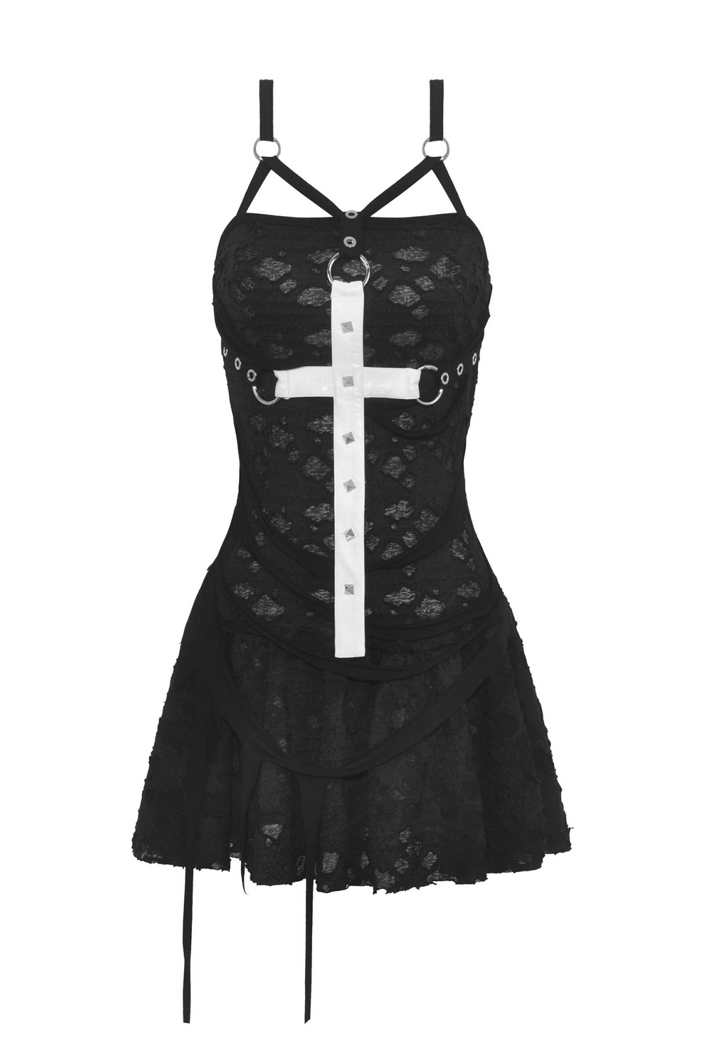 Black Gothic Dress with White Cross and Webbed Details