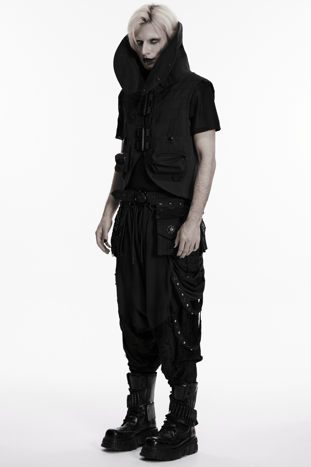 Black Gothic Drop-Crotch Pants with Studded Pockets worn by a model in a stylish darkwear outfit